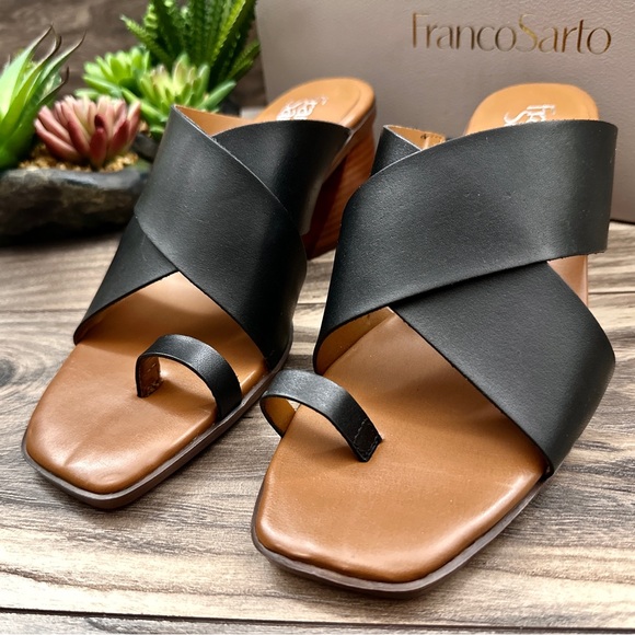 NIB Franco Sarto Safia Black Leather Toe Post Bock Heel Slide Sandal 8M 38 - Picture 3 of 14